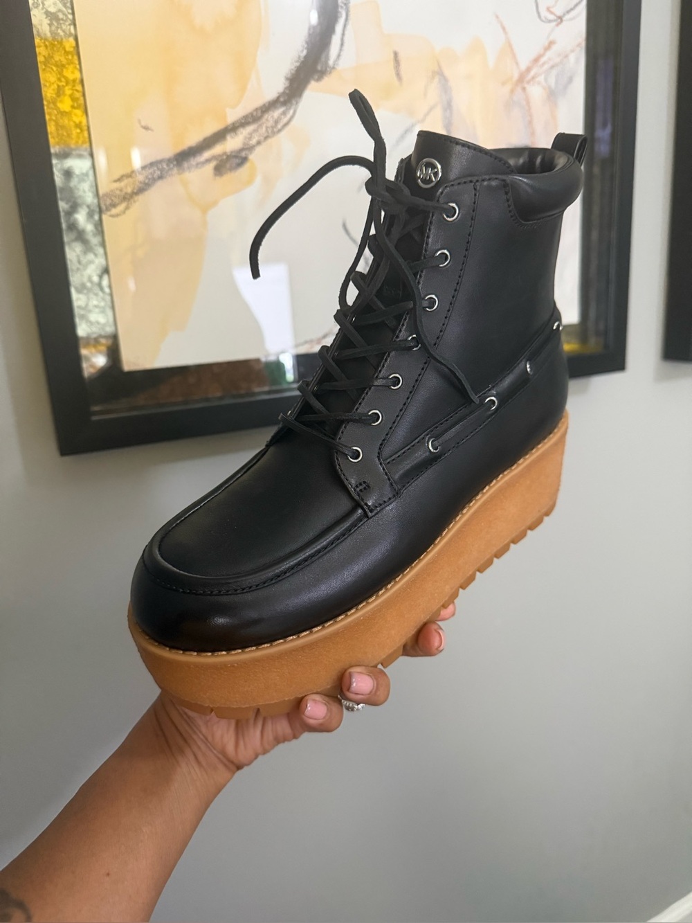 Michael Kors Black Leather Platform Lace-Up Boot with Tan Platform